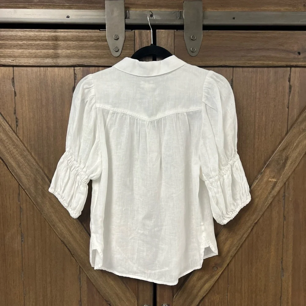 Pilcro by Anthropologie The Tallulah Linen Double Puff-Sleeve Blouse White Sz XS
